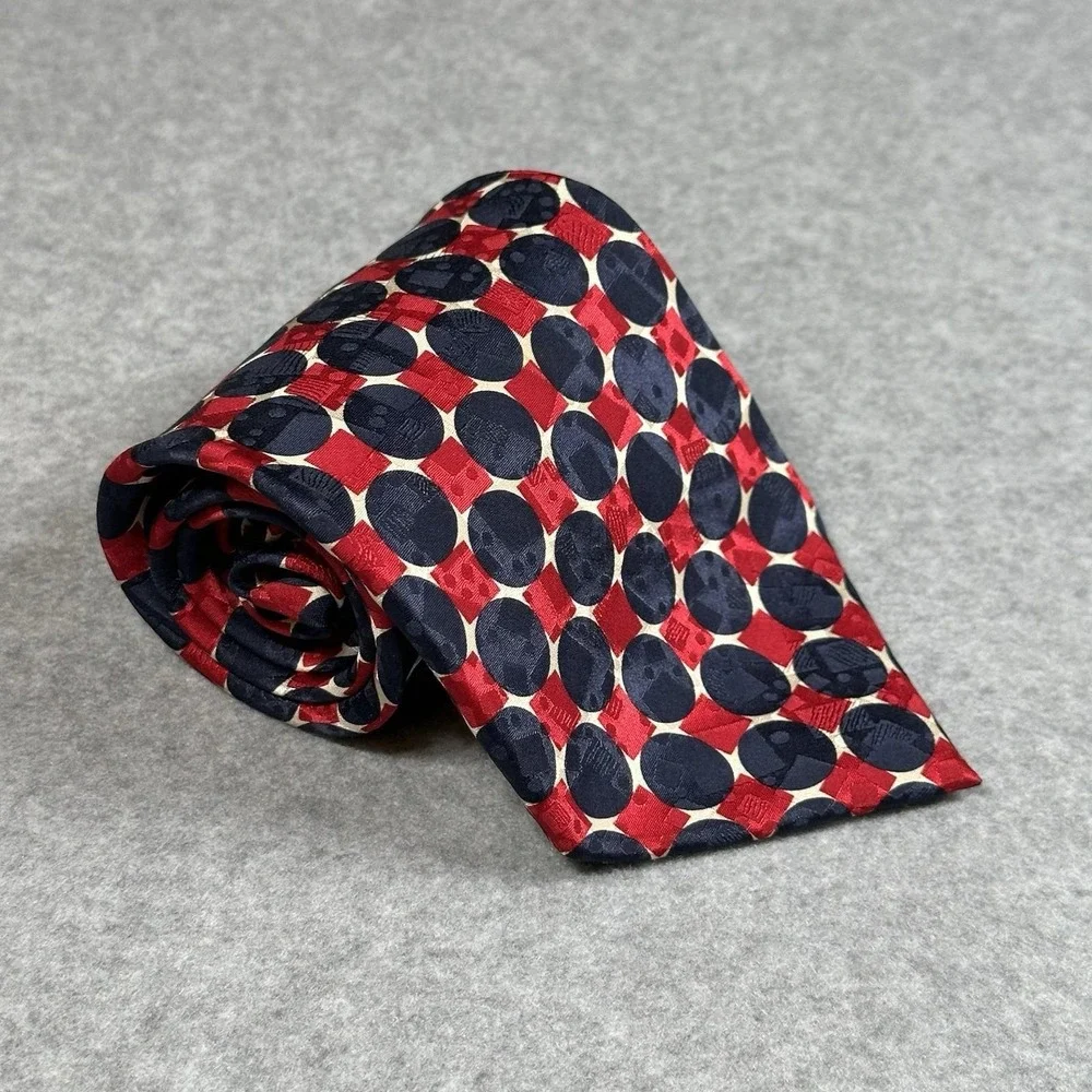 Tongue Tied Tom McLellon Silk Geometric Circle Square Tie Red Navy 60x3.75